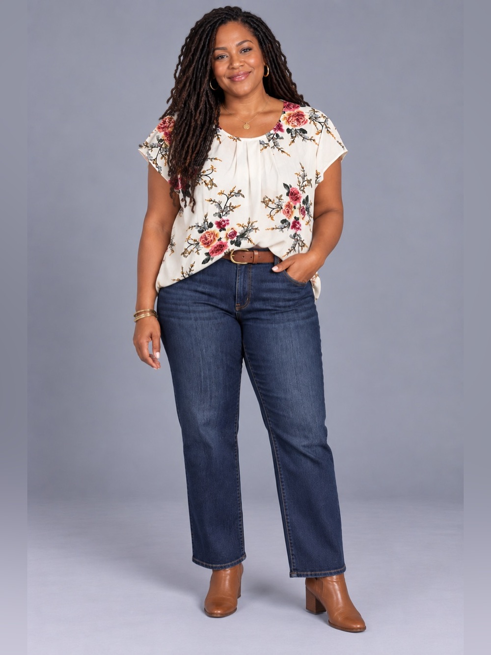 Ivory Rose Floral Blouse XL Flowy Pleated Flutter Sleeve - Picture 2 of 5